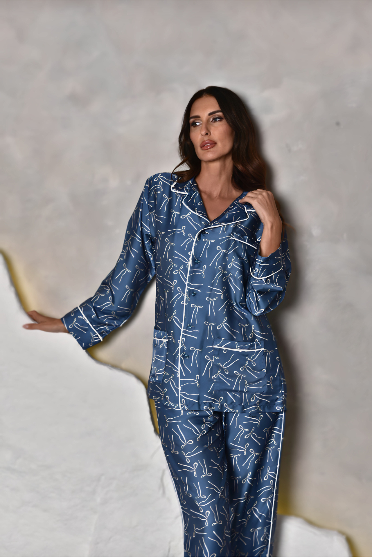 LaModeMonaco - Aegean Blue & White Ribbons - Satin Silk Set - Women - Loungewear